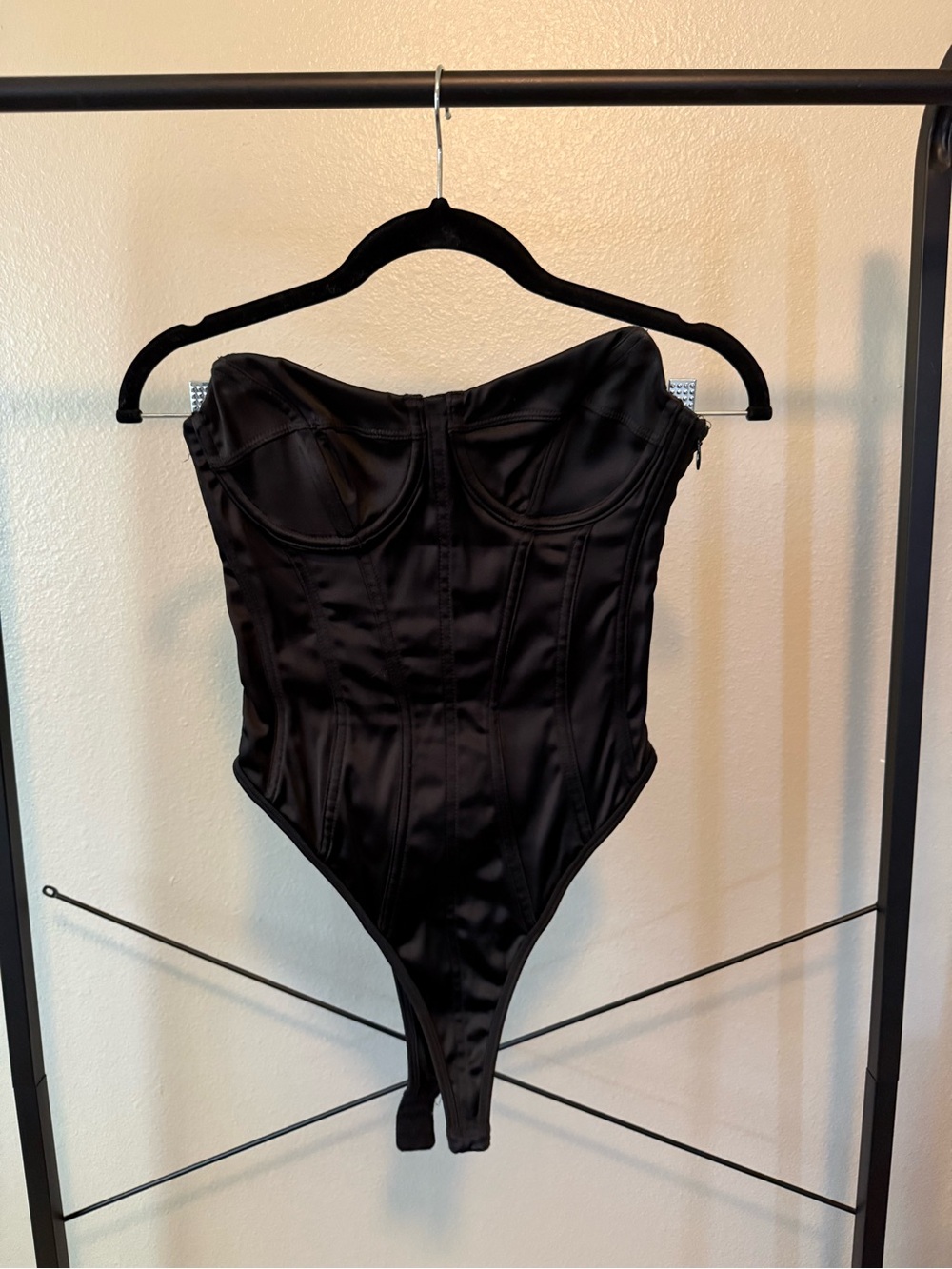 White Fox Boutique Black Satin Corset Bodysuit